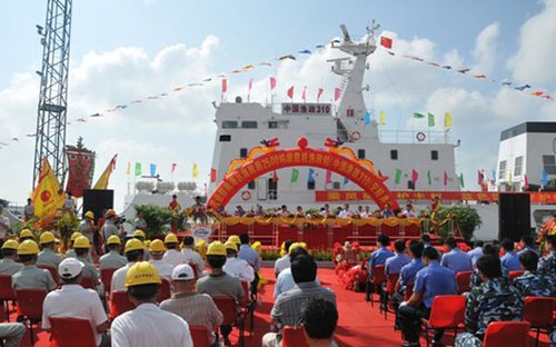 中國最先進的漁政執(zhí)法船——中國漁政310船，29日在廣東湛江海濱船廠舉行交船儀式。