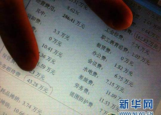 2011年1月13日 “最牛煙草局長”的家族聯絡圖網絡帖子上列出了汕尾煙草公司2010年3月的支出明細，其中當月兩項業務招待費合計為206．1萬元（2010年12月30日攝）。新華社記者 盧漢欣 攝