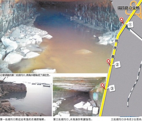 青島環灣路旁現三大排污口 臭氣熏天海水變紅