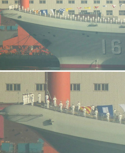 資料圖：大批身著海軍制服的人在甲板上進行站坡儀式。
