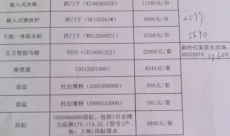 開發商向業主提供的報價單部分內容